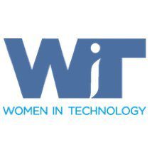 A blue and white logo of women in technology.