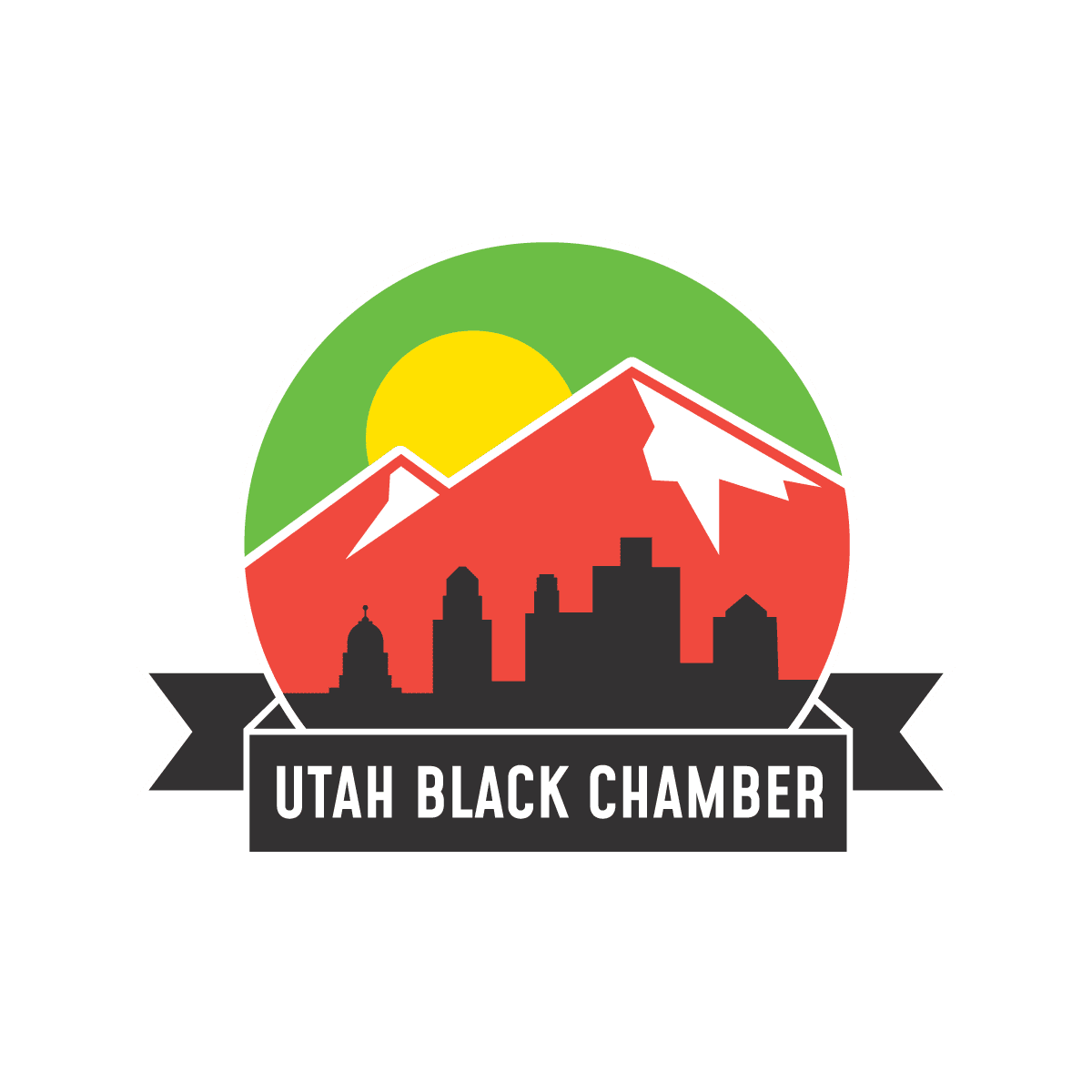 A black and green logo with mountains in the background.