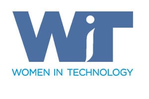 Women in Technology logo, blue and white.