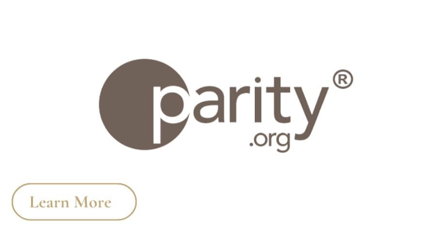 Parity.org logo, brown circle and text.