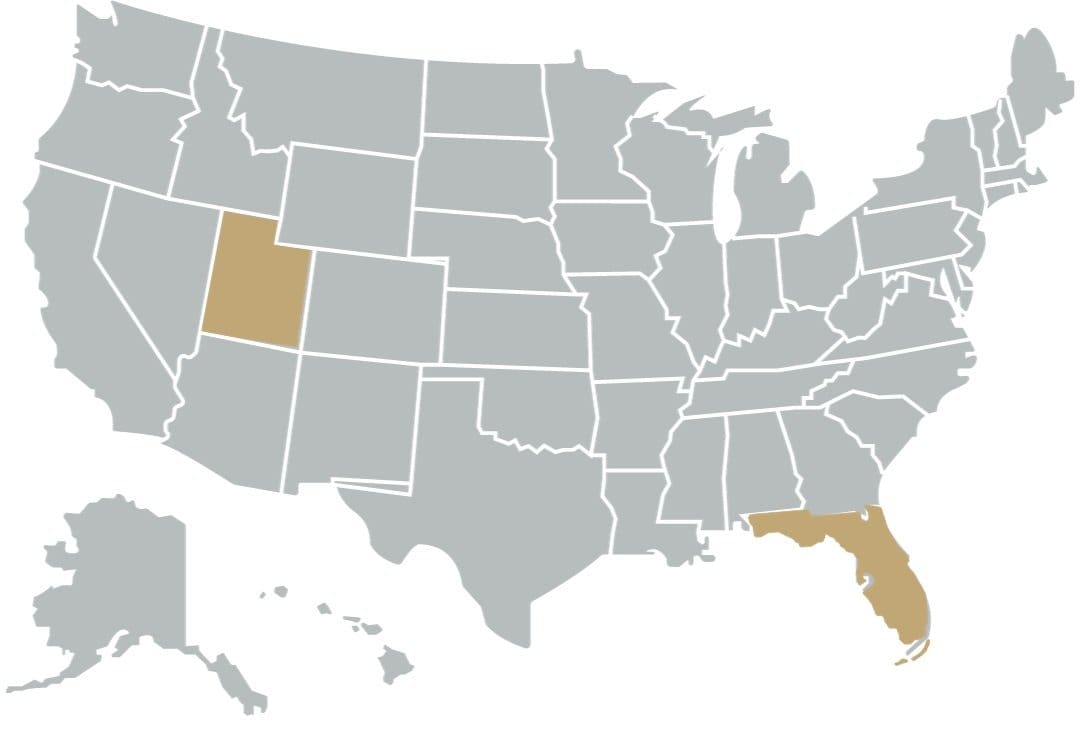 Map of US with Utah and Florida highlighted.