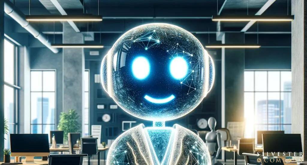 Smiling AI robot in office setting.