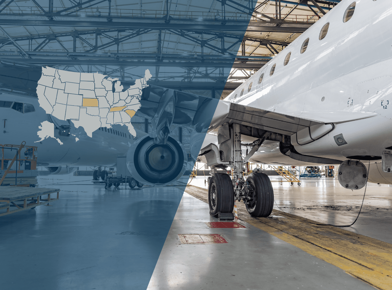 Airplane in hangar with US map overlay.