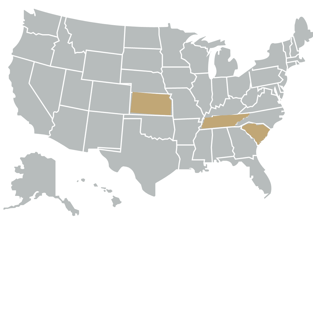 US map with Kansas, Tennessee, and North Carolina highlighted.