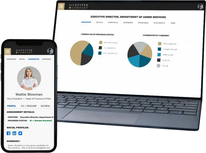 Candidate profile on laptop and phone screen.