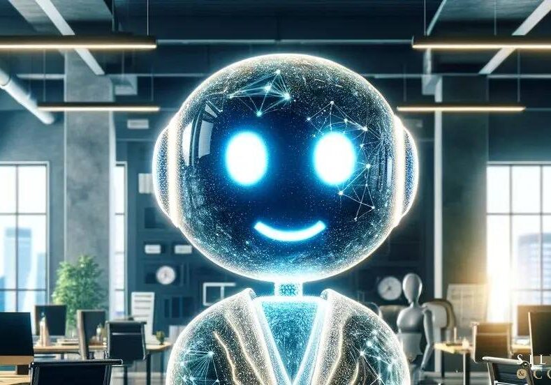 Smiling AI robot in office setting.